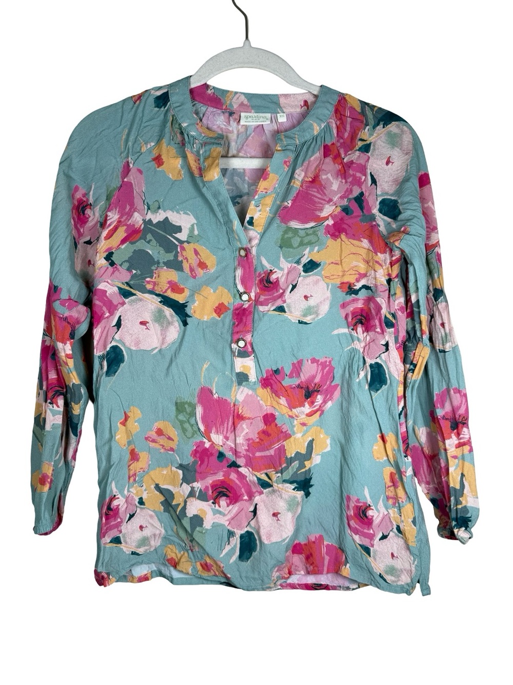 Women's Floral V-Neck Blouse - Pink Floral on Light Blue Sz XS